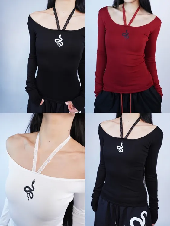 SUANS小蛇印花蕾丝挂脖修身显瘦一字肩设计感方圆领新款长袖上衣