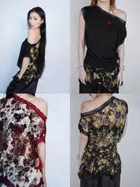 SUANS原创蕾丝裙花边刺绣小蛇复古斜肩正反两穿短袖