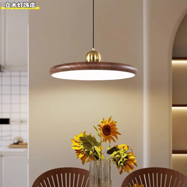 餐厅吊灯飞碟单头现代简约三头吧台吊灯茶室木纹灯卧室床头小吊灯