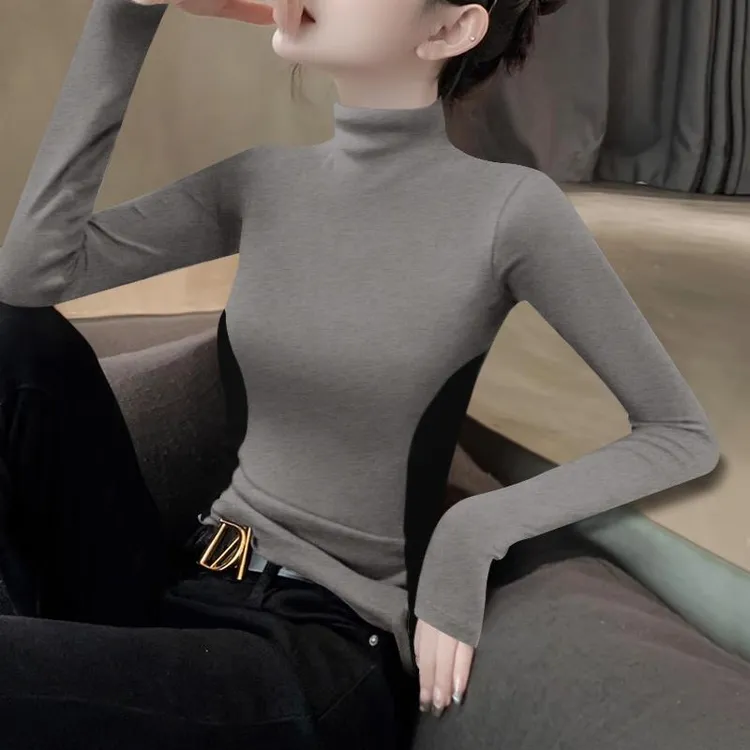 秋季新款半高领修容沙漏腰显瘦修身长袖恤百搭气质打底衫内搭上衣