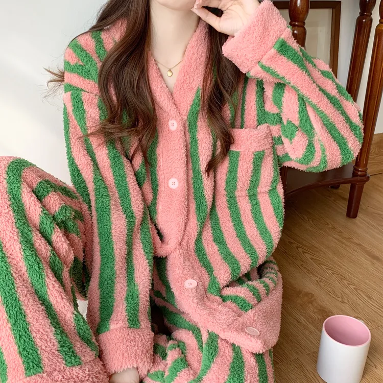 开衫睡衣女套装秋冬季保暖加厚撞色条纹时尚韩版长袖家居服两件套