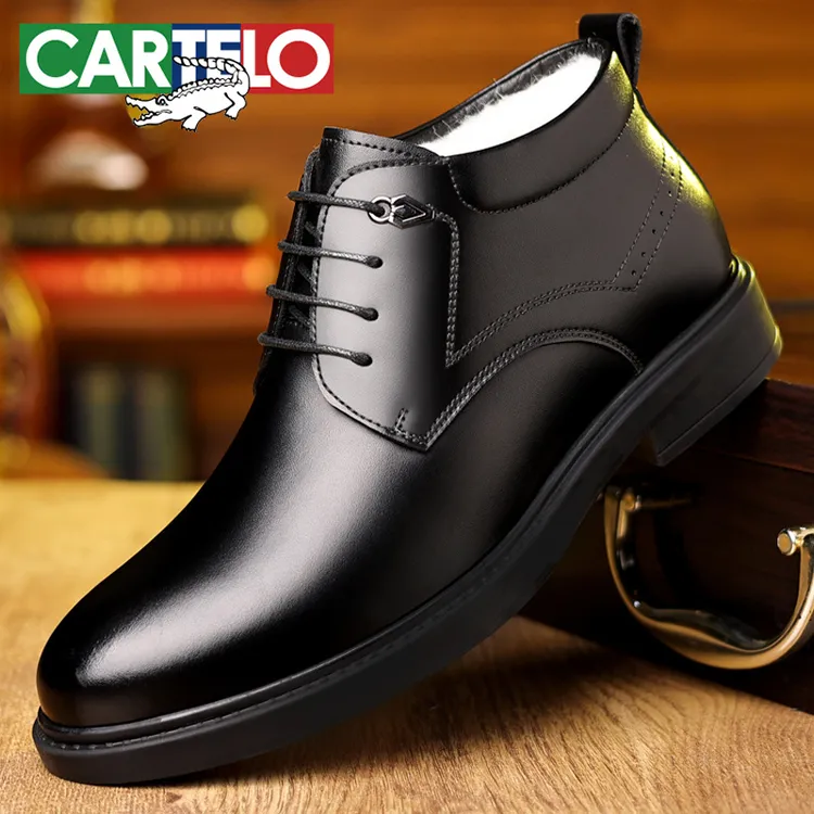 CARTELO/卡帝乐鳄鱼皮鞋加绒加厚保暖高帮棉皮鞋牛皮商务休闲棉鞋