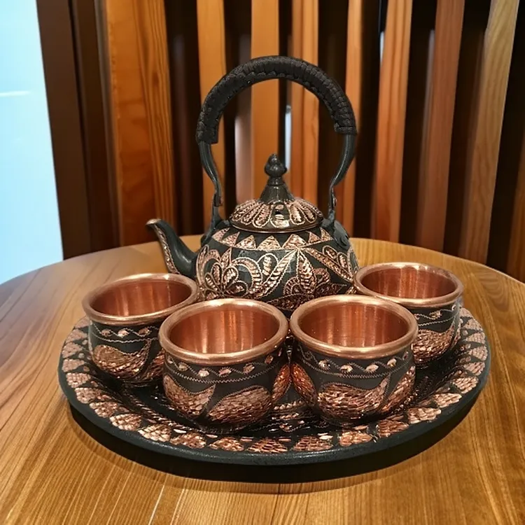 喀什纯铜手工家用茶具创意茶盘茶杯摆件高档