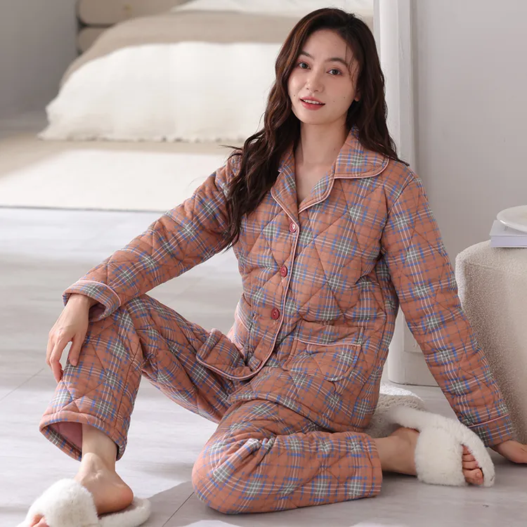 睡衣女冬款2025年新款纯棉三层夹棉加厚棉冬天格子保暖家居服