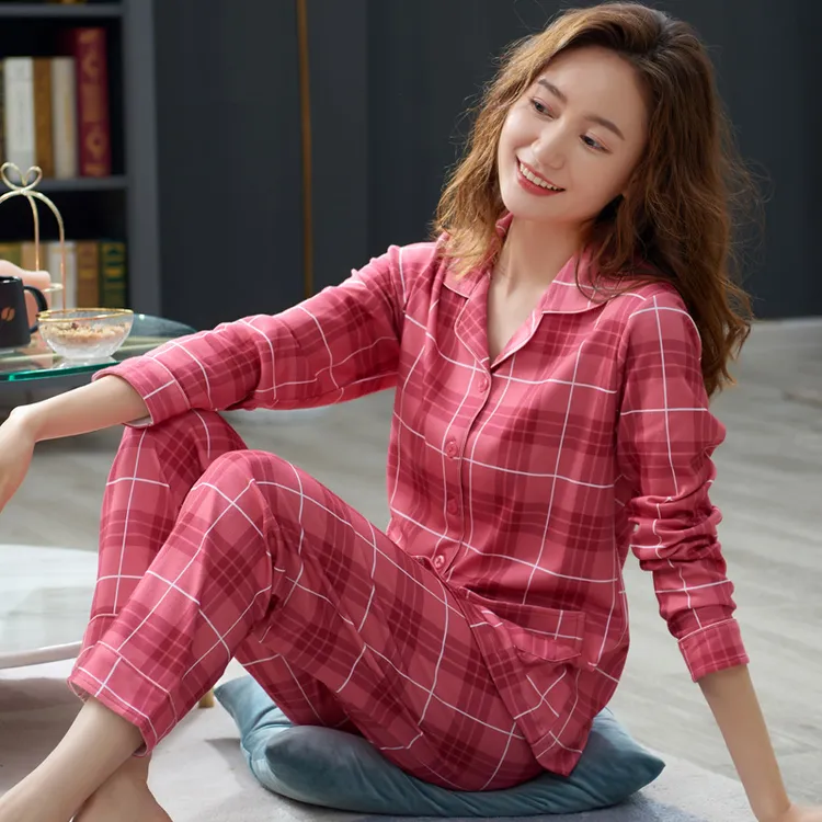 睡衣女士春秋款纯棉长袖秋冬季格子全棉大码家居服套装可外穿