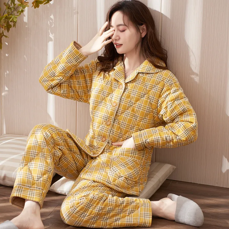 睡衣女冬季加厚三层夹棉纯棉全棉冬天保暖秋冬女款休闲家居服套装