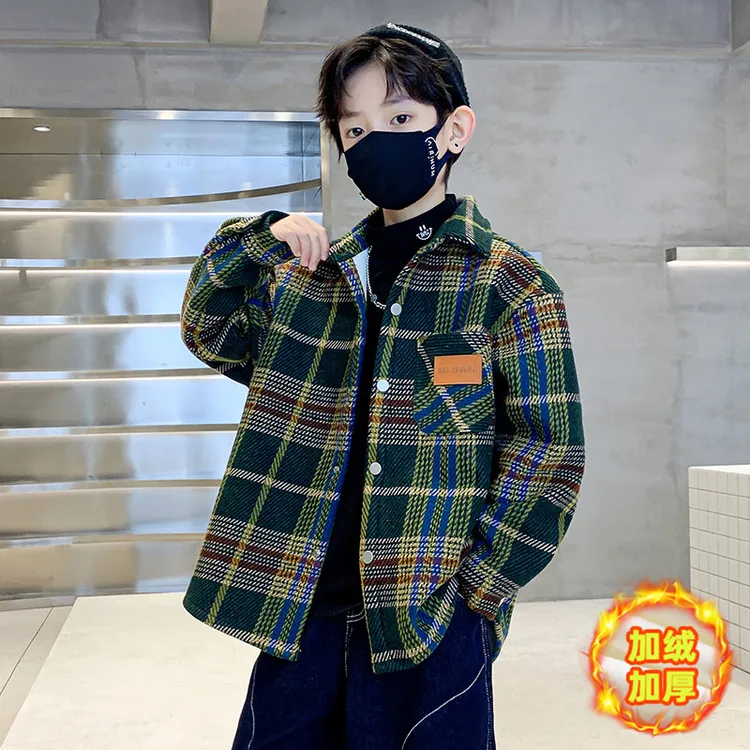 男童加绒衬衫外套秋冬款洋气儿童冬装加厚衬衣中大童男孩韩版帅气