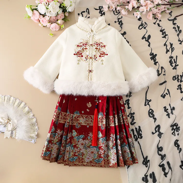 2025新款中国风女童加厚古装拜年服女孩保暖儿童加绒喜庆冬装