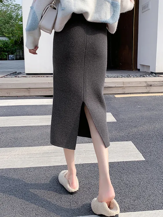 开叉针织长裙半身裙女秋冬中长款包臀直筒裙子2025新款小个子包裙