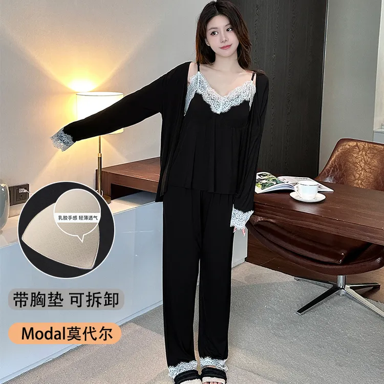 带胸垫三件套睡衣女春秋冬季莫代尔蕾丝性感显瘦法式家居服可拆卸