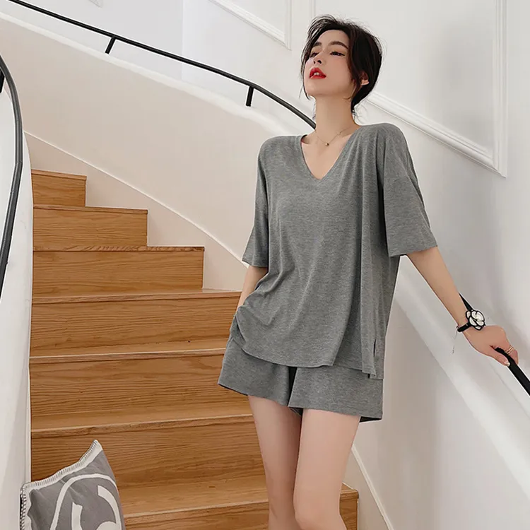 莫代尔睡衣女夏大码薄款家居服套装韩版宽松短裤短袖半袖纯色V领