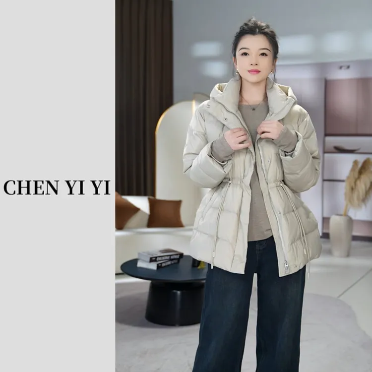 90白鸭绒泡芙感柔软抽绳收腰可脱卸帽中长款面包保暖羽绒服
