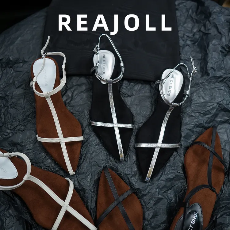 REAJOLL【跟高3cm】法式夏季气质极简风十字带坡跟时尚尖头凉鞋女款
