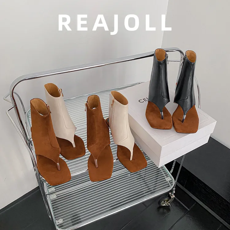 REAJOLL2024法式复古真皮小众设计露趾异形跟爆款夹趾靴女