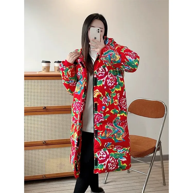 东北大花棉袄子男女长款中国风牡丹花加厚棉服冬保暖外套oversize