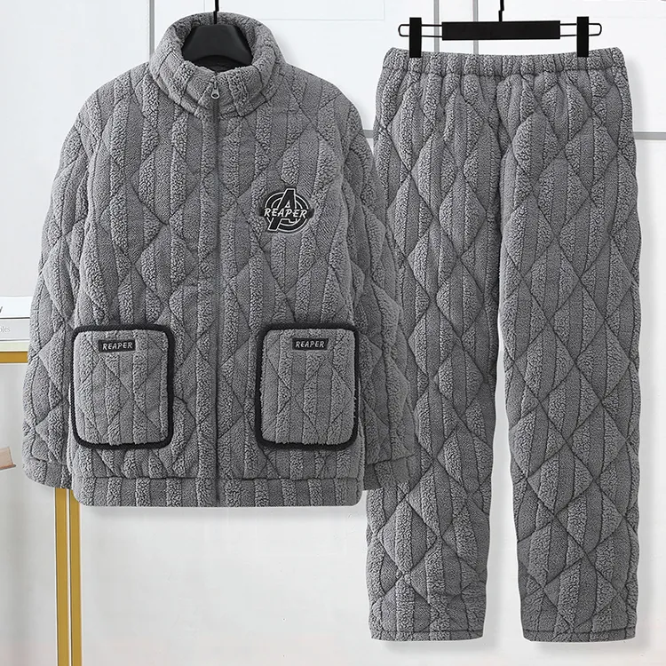 保暖睡衣男款三层夹棉加绒加厚法兰绒新款男士珊瑚绒家居服套装冬