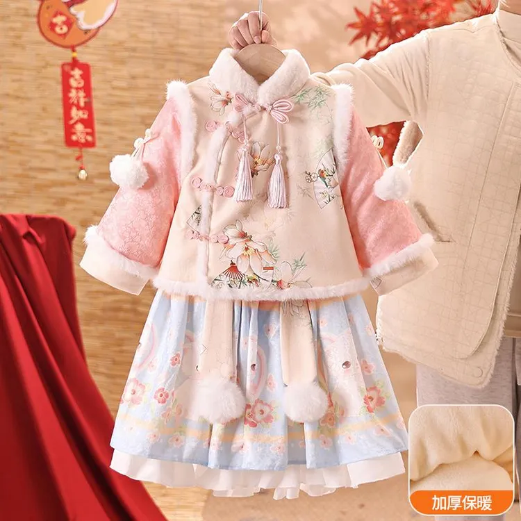 ABC女童汉服唐装拜年服秋冬装2024新款宝宝中式古风加绒古装新年