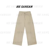【SANSAN】高腰时尚百搭拼条设计款卡其牛仔裤DY-3526