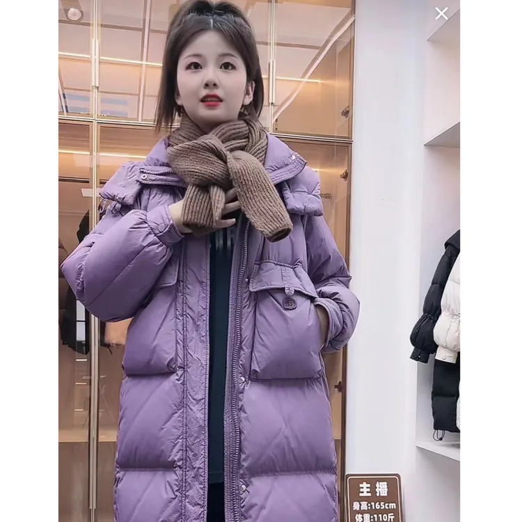 鸭绒连帽长款半扣羽绒服00001