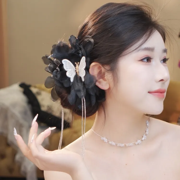 蝶恋花 超仙绢花发饰蝴蝶流苏发夹多层立体花朵气质小众抓夹1502