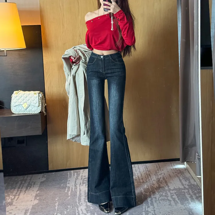 深蓝色高腰微喇牛仔裤女2025年秋季新款辣妹设计感显瘦百搭时尚