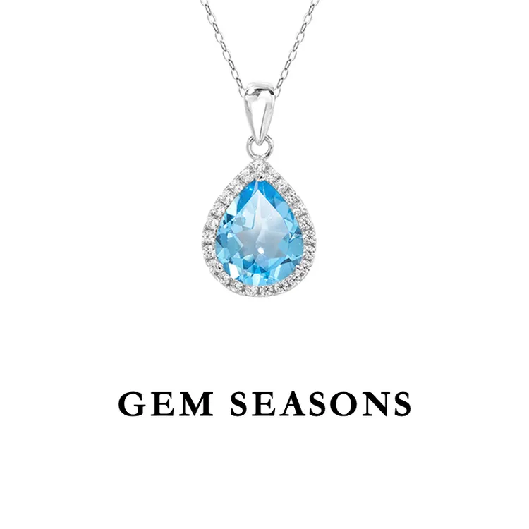GEM SEASONS天然托帕石吊坠项链 简约时尚款蓝色天然宝石气质坠链