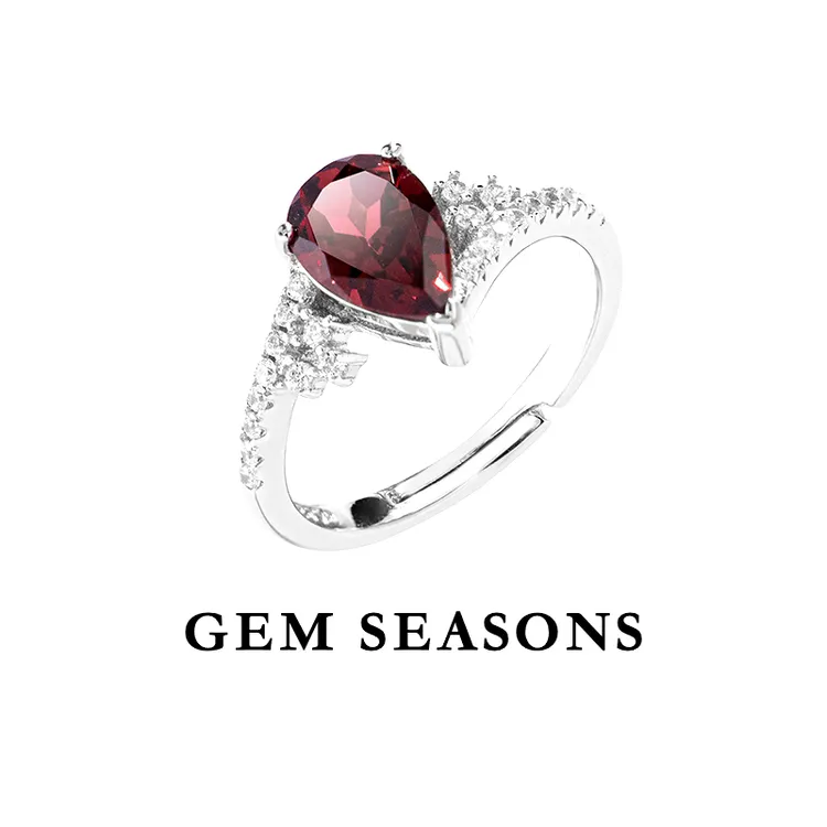 GEM SEASONS天然石榴石戒指 水滴切割复古红色小众银戒气质时尚