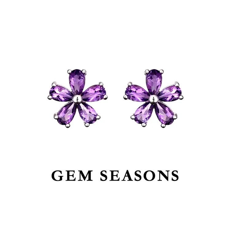 GEM SEASONS天然紫水晶耳钉 樱花设计师简约百搭花朵五瓣时尚精致