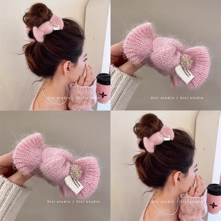 彩色糖果结！少女粉毛线蝴蝶结发夹！后脑勺丸子头抓夹盘发器头饰