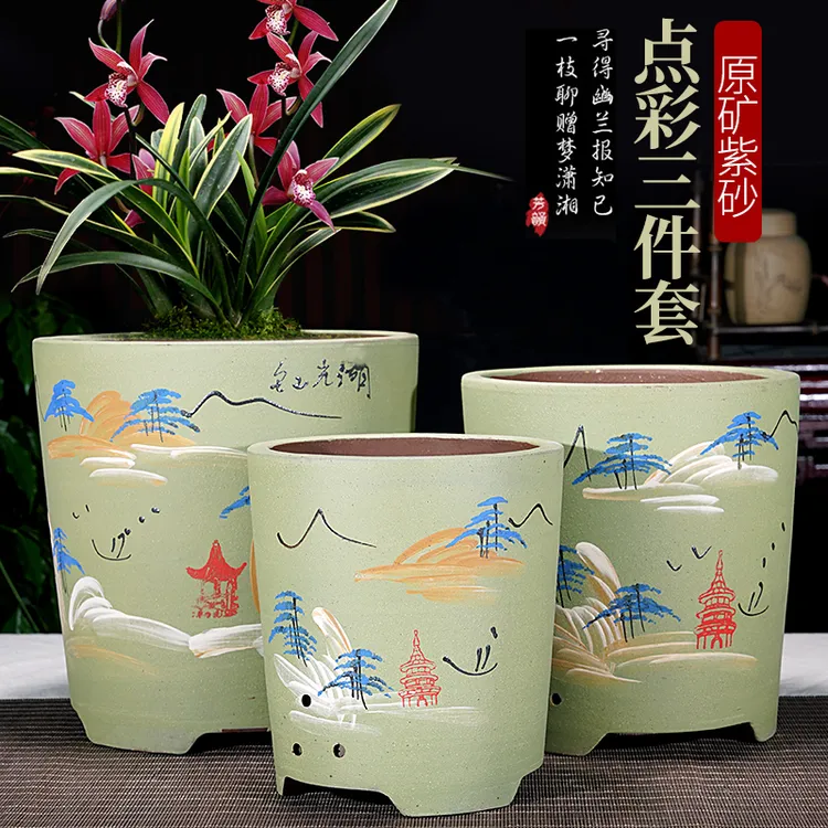 宜兴紫砂大号兰花盆圆柱筒形盆景盆君子兰客厅特价高档陶瓷花盆