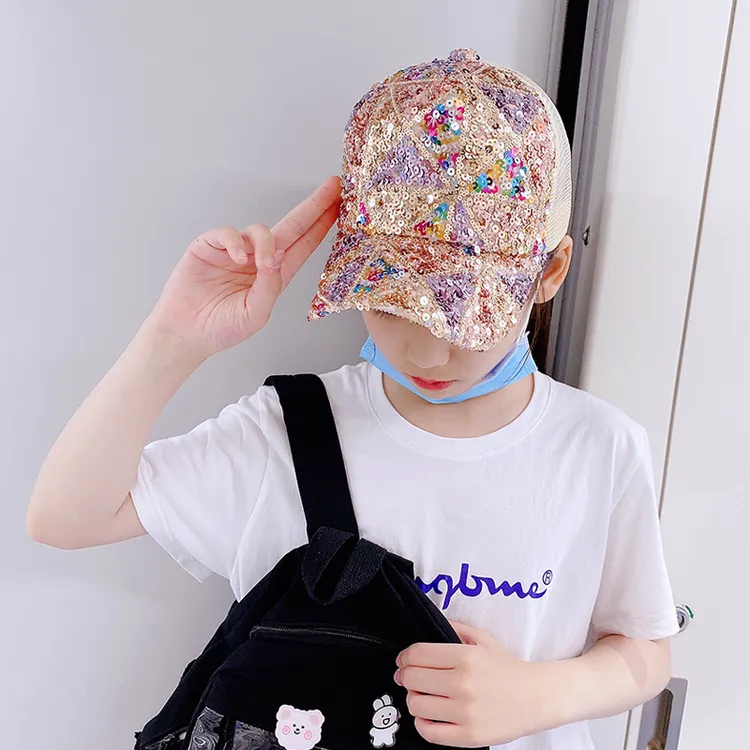 夏季儿童防晒遮阳棒球帽中大童学生旅游亮片网眼薄款透气炫酷网帽