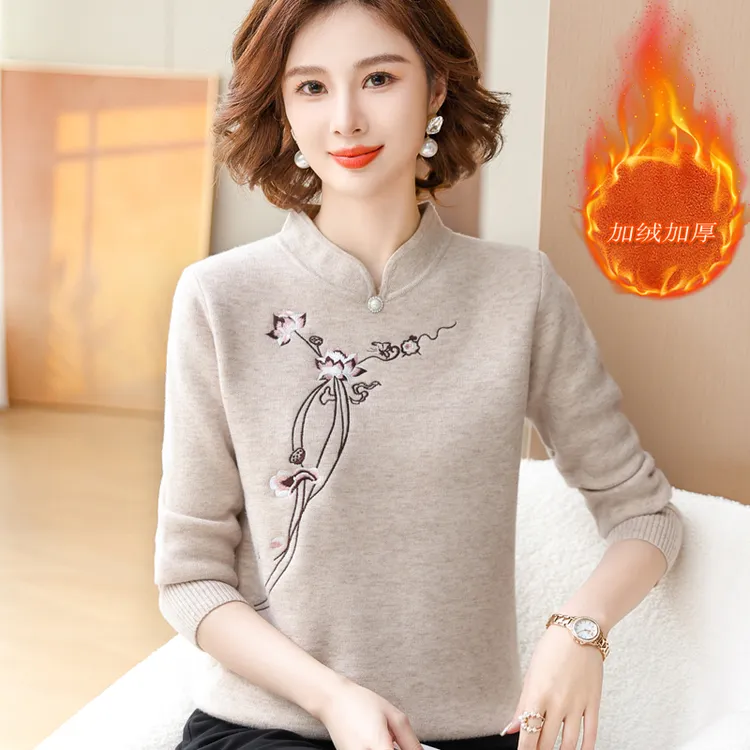 妈妈装冬装一体绒毛衣中年妇女内搭保暖上衣中老年加绒加厚打底衫