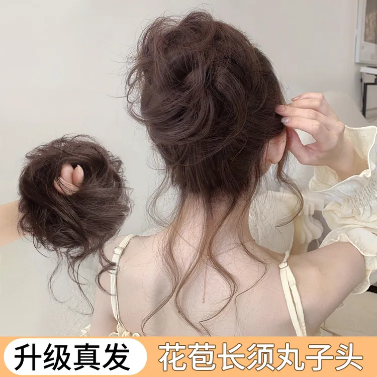 丸子头假发发圈女真发慵懒花苞头长须气质仿真旗袍古风卷发圈头饰