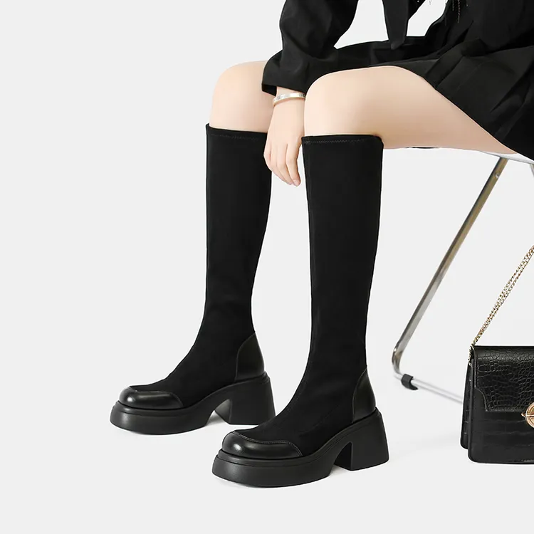 2025秋冬新款真皮女靴厚底圆头高跟百搭显高显瘦过膝弹力靴