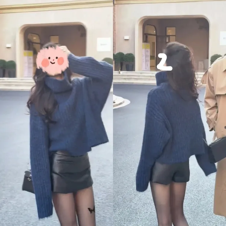 韩系慵懒风套头高领软糯宽松毛衣爆款辣妹百搭皮裙裤早秋套装女