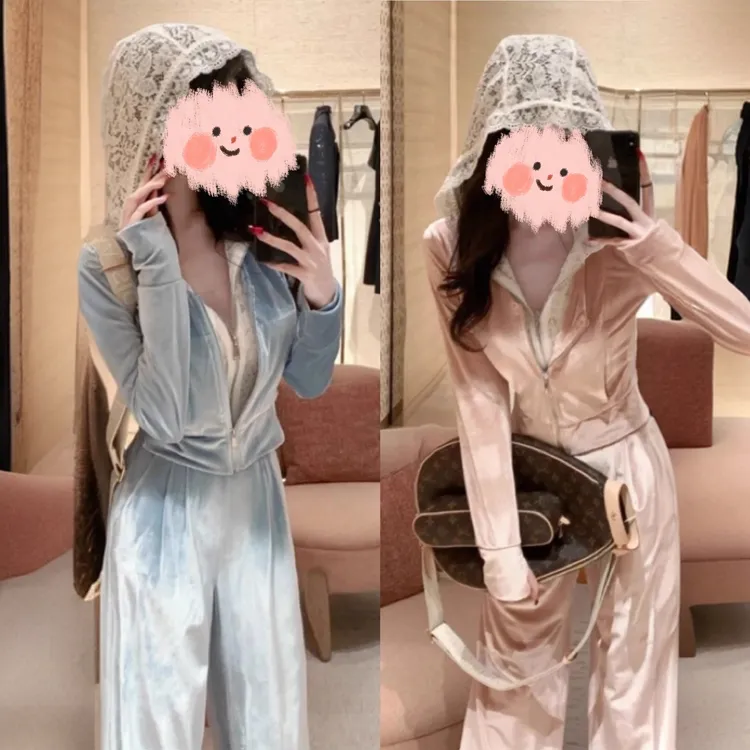 「红人上新」丝绒时尚套装假两件蕾丝拼接连帽外套收腰阔腿裤两件套