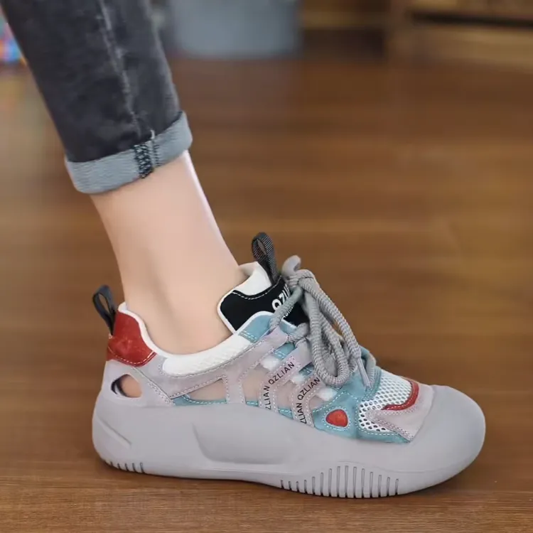 2024夏季新款网面鞋子女4cm透气复古风厚底百搭休闲运动跑步鞋子