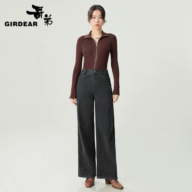 GIRDEAR/哥弟春夏新款时尚百搭设计感拼色直筒牛仔裤女士-1100496