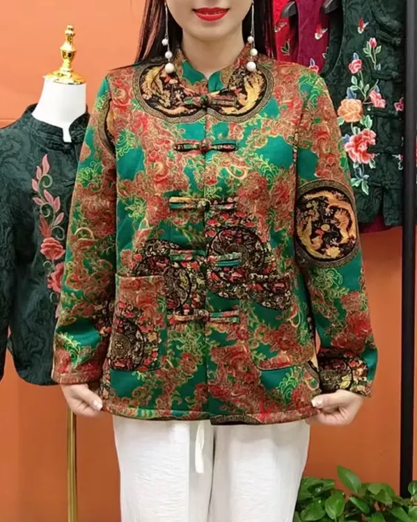 秋冬新款加绒外套中老年妈妈装龙凤呈祥复古风盘扣旗袍上衣