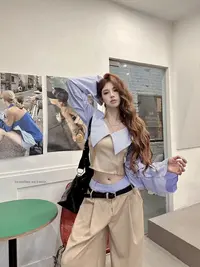 XIAOXIN【蓝调往事】卡其蓝条纹衬衫拼接上衣长裤套装LWJ24C3TZ1807