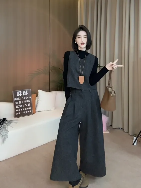 时尚套装高级感羊毛呢马甲套装女2024秋冬气质九分阔腿裤三件套
