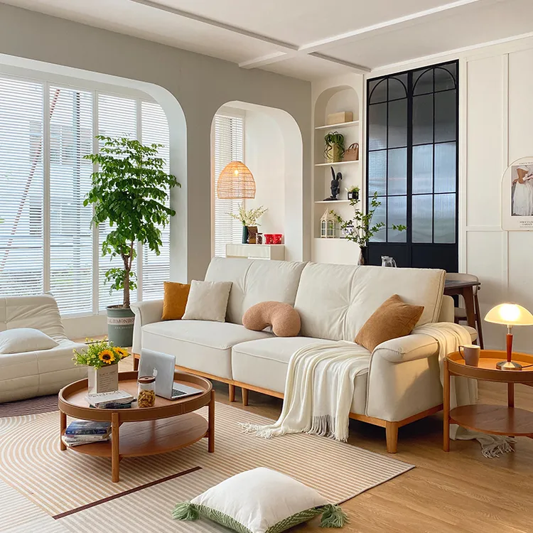 北欧实木原木风四人位沙发客厅小户型组合三人位奶油北欧猫爪布艺