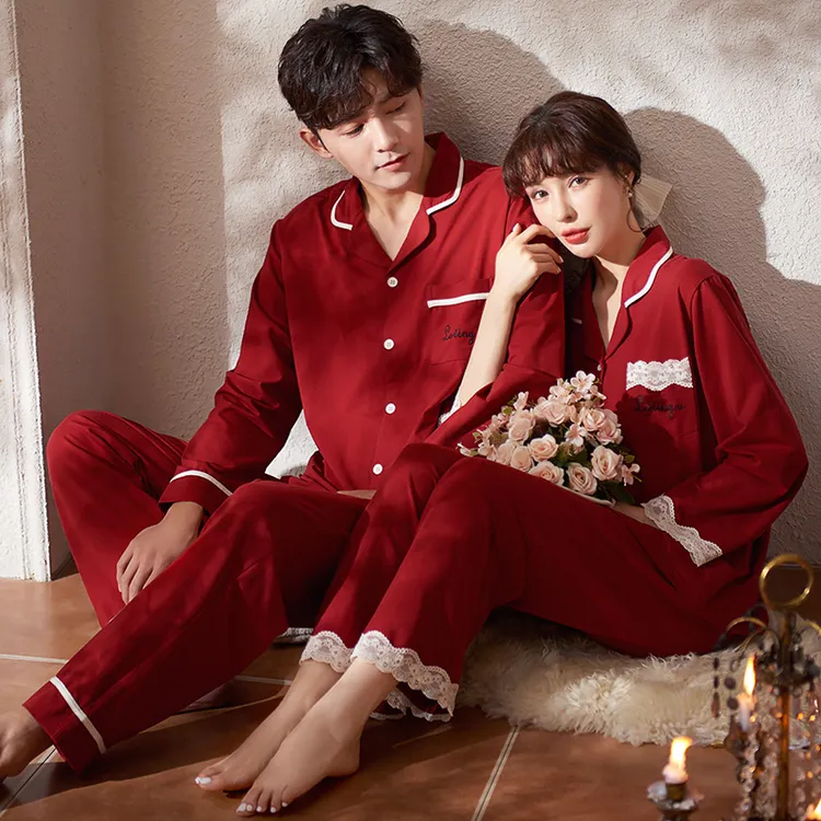 女春秋款纯棉红色新婚结婚男士家居服纯棉睡衣