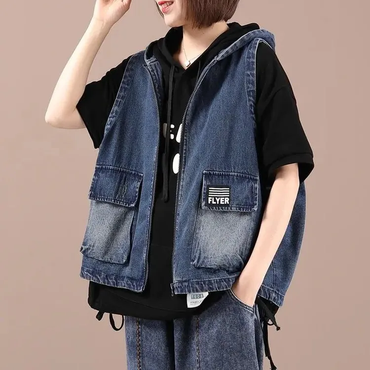 大码连帽牛仔马甲女2025春秋新款韩版宽松文艺洋气马夹拉链外套女