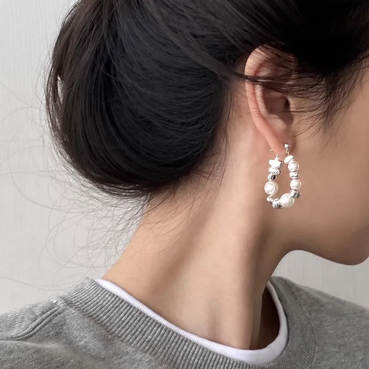 925银耳饰 超显脸小！碎银子珍珠白设计感不规则耳环26年耳圈
