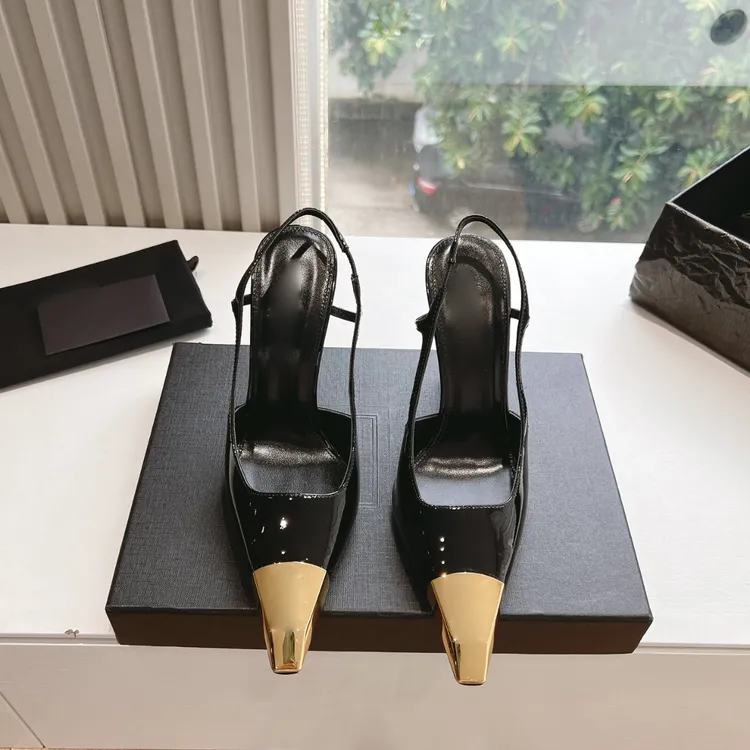 2024夏季黑色百搭金色金属方头凉鞋女后绊带细跟包头高级气质女