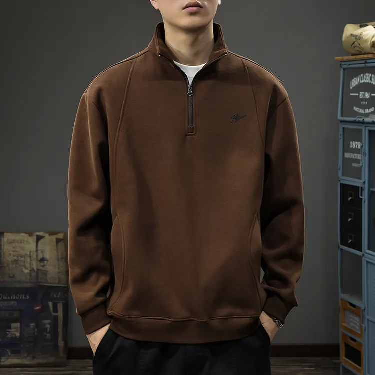 2025秋冬季新款重磅半拉链高领卫衣男加绒美式刺绣宽松polo衫长袖