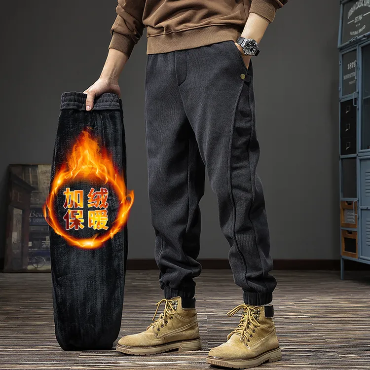 冬季针织肌理感保暖休闲裤男加绒潮流宽松哈伦裤拼接束脚运动裤