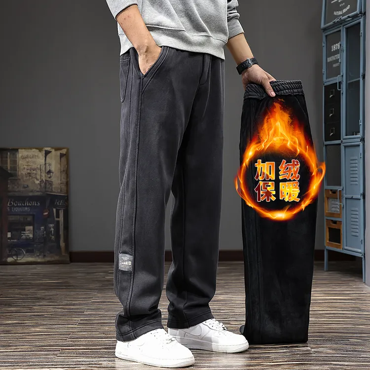 冬季加绒垂感直筒休闲裤男美式潮流百搭运动卫裤宽松大码阔腿长裤