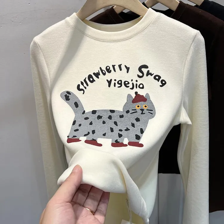 2025秋冬新款大码200斤软糯德绒长袖T恤女洋气猫咪印花打底衫上衣